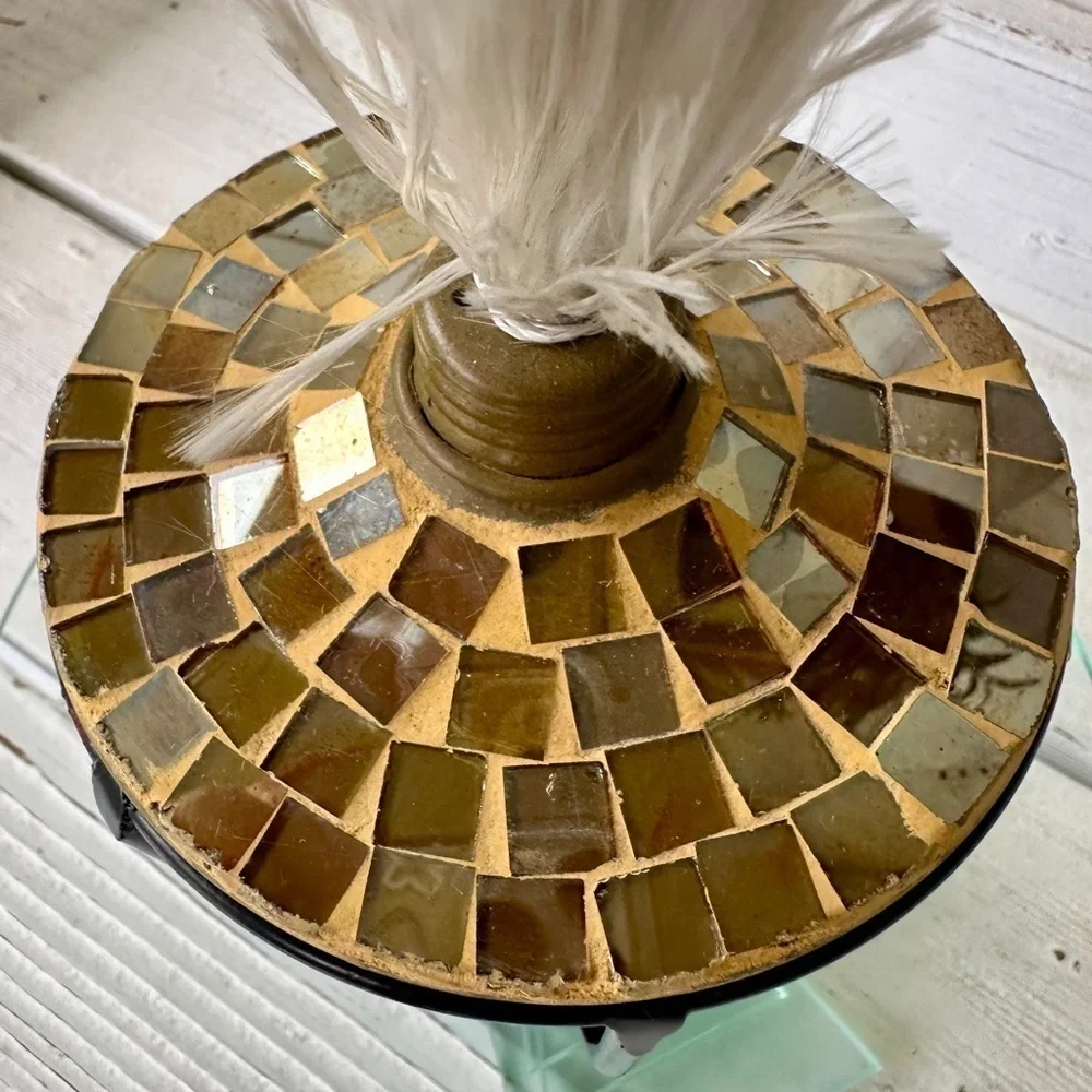 GOLD MOSAIC LANTERN, NWOT, CRADLED IN A BLACK METAL BASE. SCREW-ON TOP.
